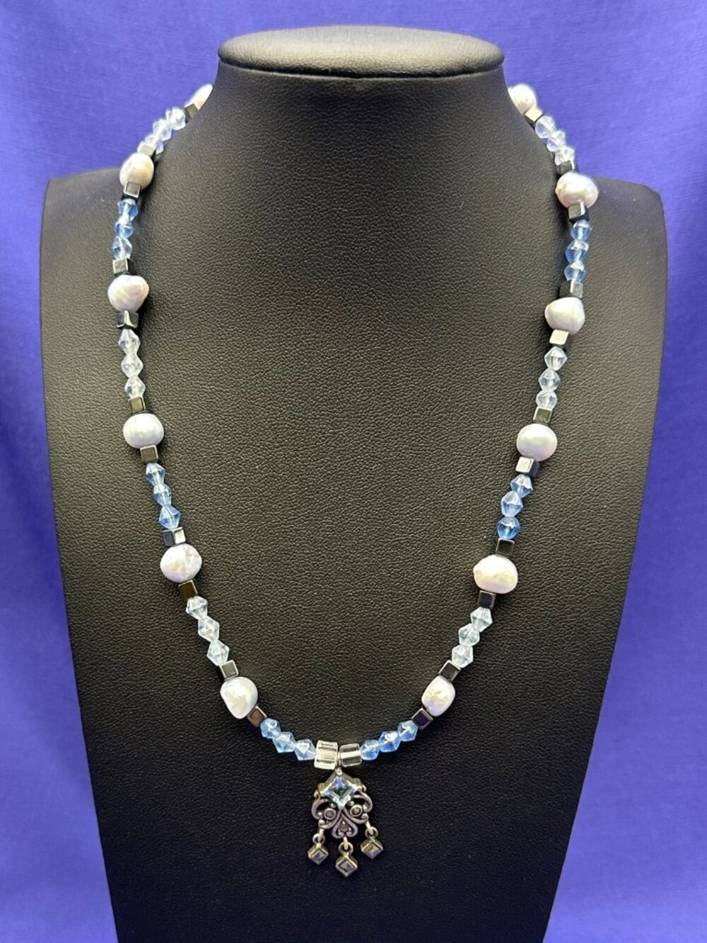 Sterling Silver Blue Topaz & Pearl Pendant Necklace